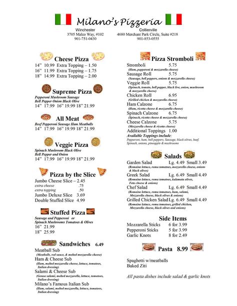 milano's menu with prices